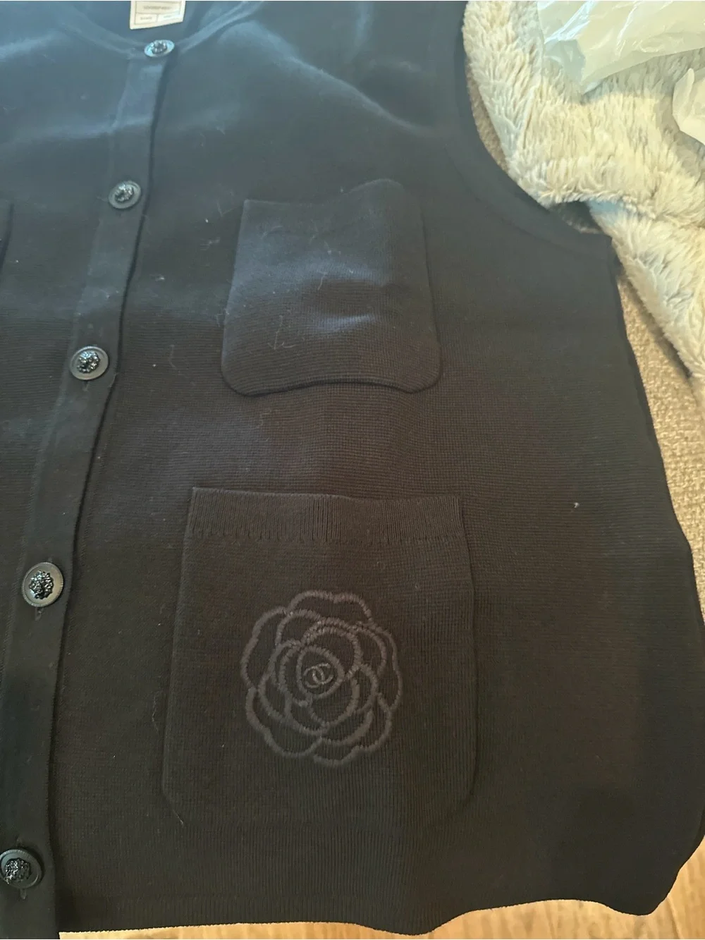 Chanel Black Button Front Sleeveless Vest with Floral Patch